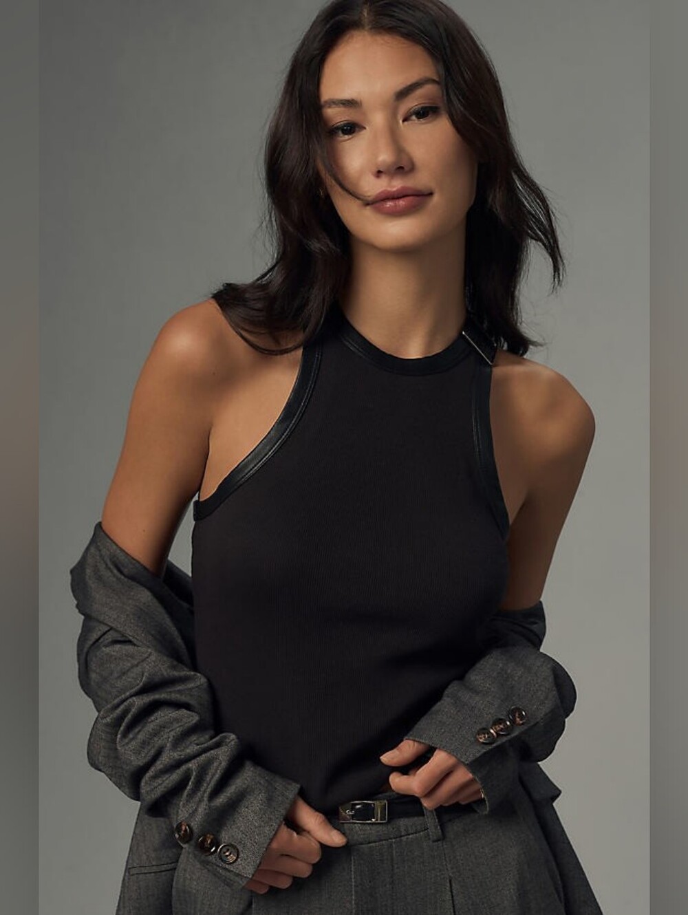 Pilcro Black Ribbed Tank with Faux-Leather Buckle Strap
